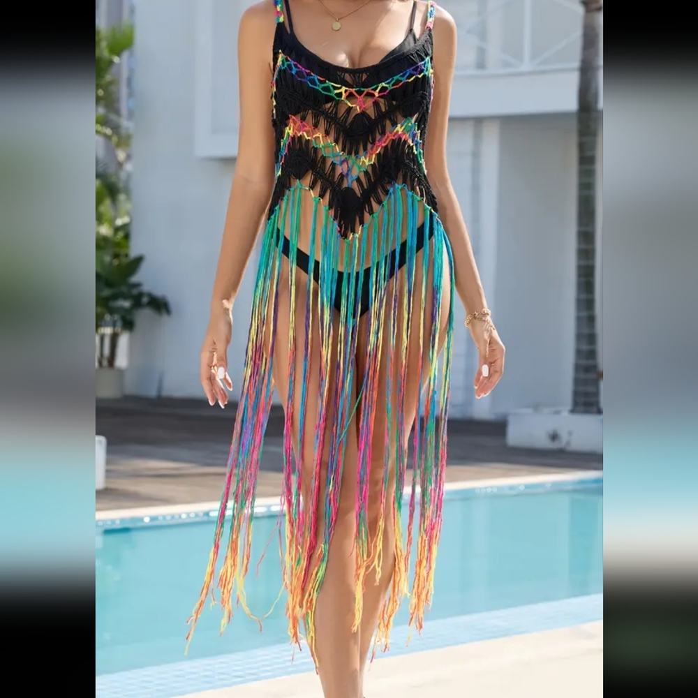 Bohemian Women Crochet Fringe Bikini Cover-Up Dress - Colorful Tassel Beachwear